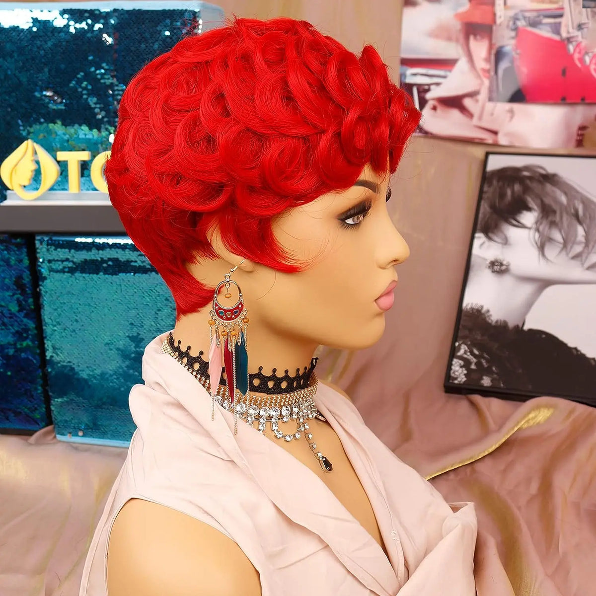 Short Fluffy Red Pixie Cut Curly Wig for Women