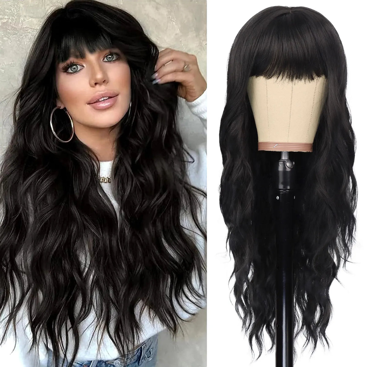 Long Wavy Synthetic Wig with Bangs for Daily Use and Parties