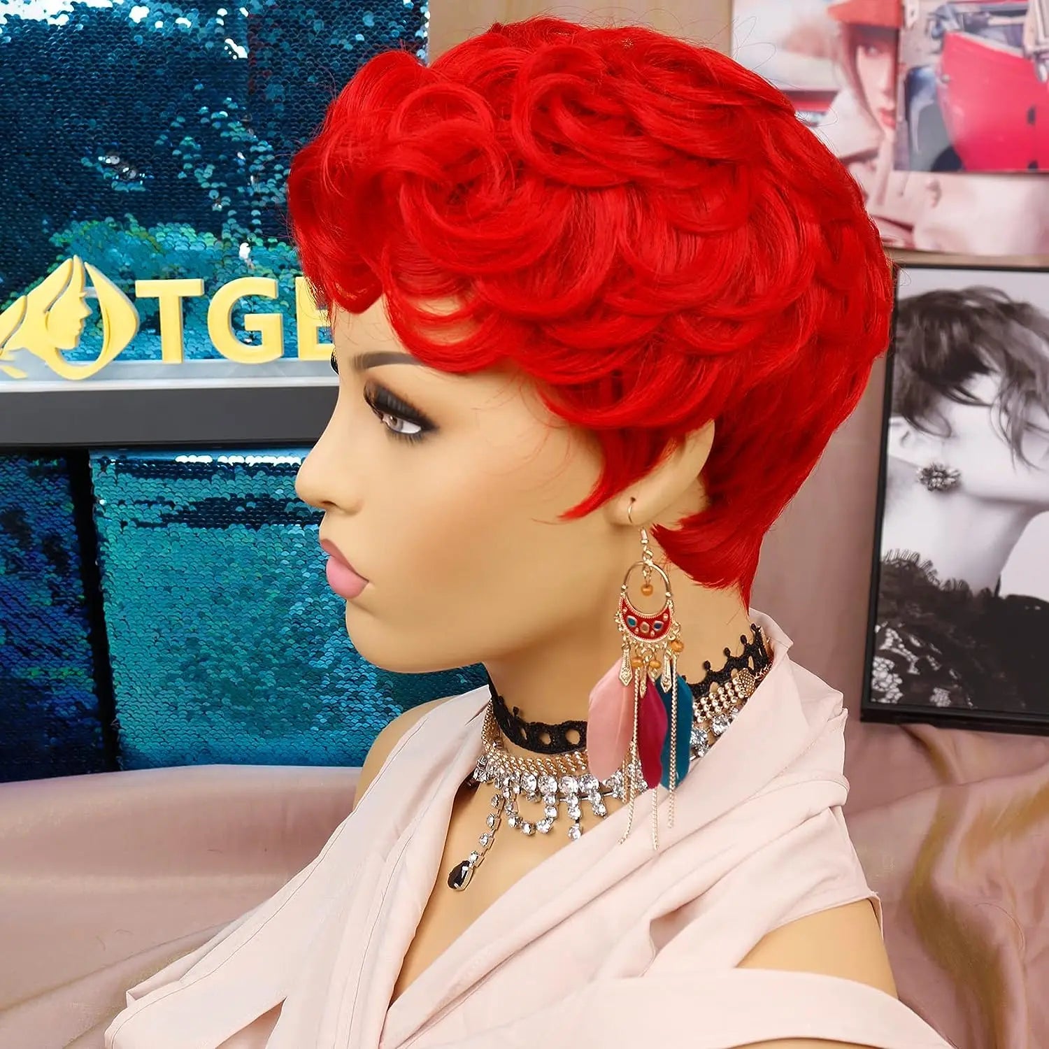 Short Fluffy Red Pixie Cut Curly Wig for Women - 7