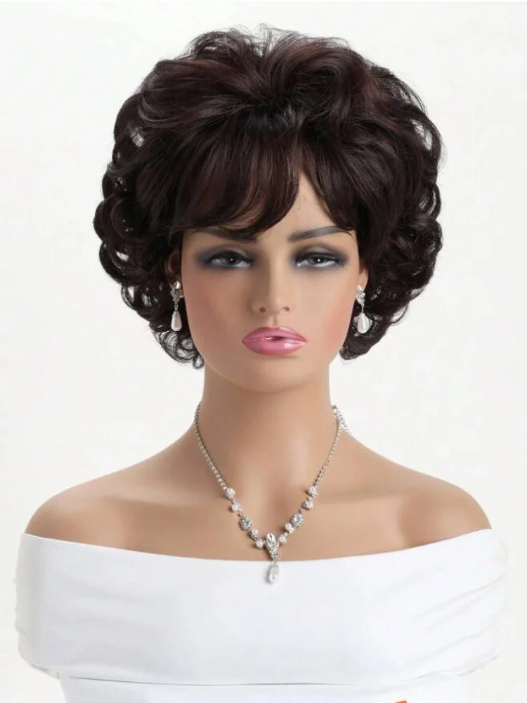 Short Curly Wavy Brown Wig with Bangs for Women