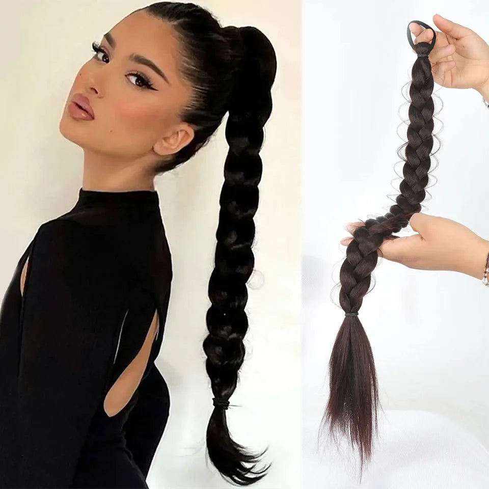 Long Synthetic Braided Ponytail Extension with Secure Rubber Band