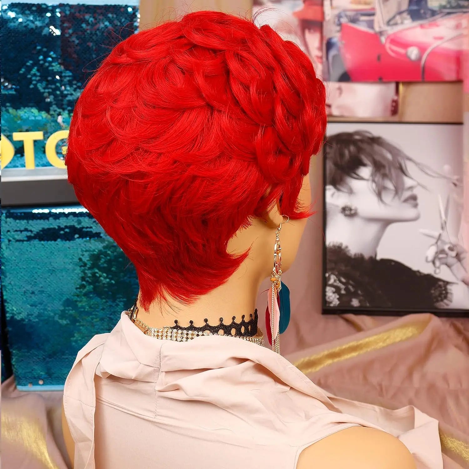 Short Fluffy Red Pixie Cut Curly Wig for Women - 6
