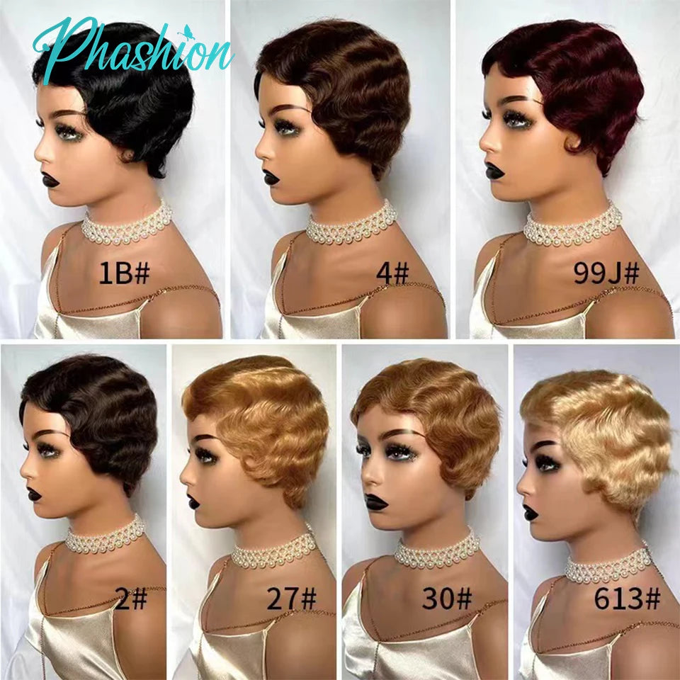 Short Finger Wave Pixie Cut Human Hair Wig - 12