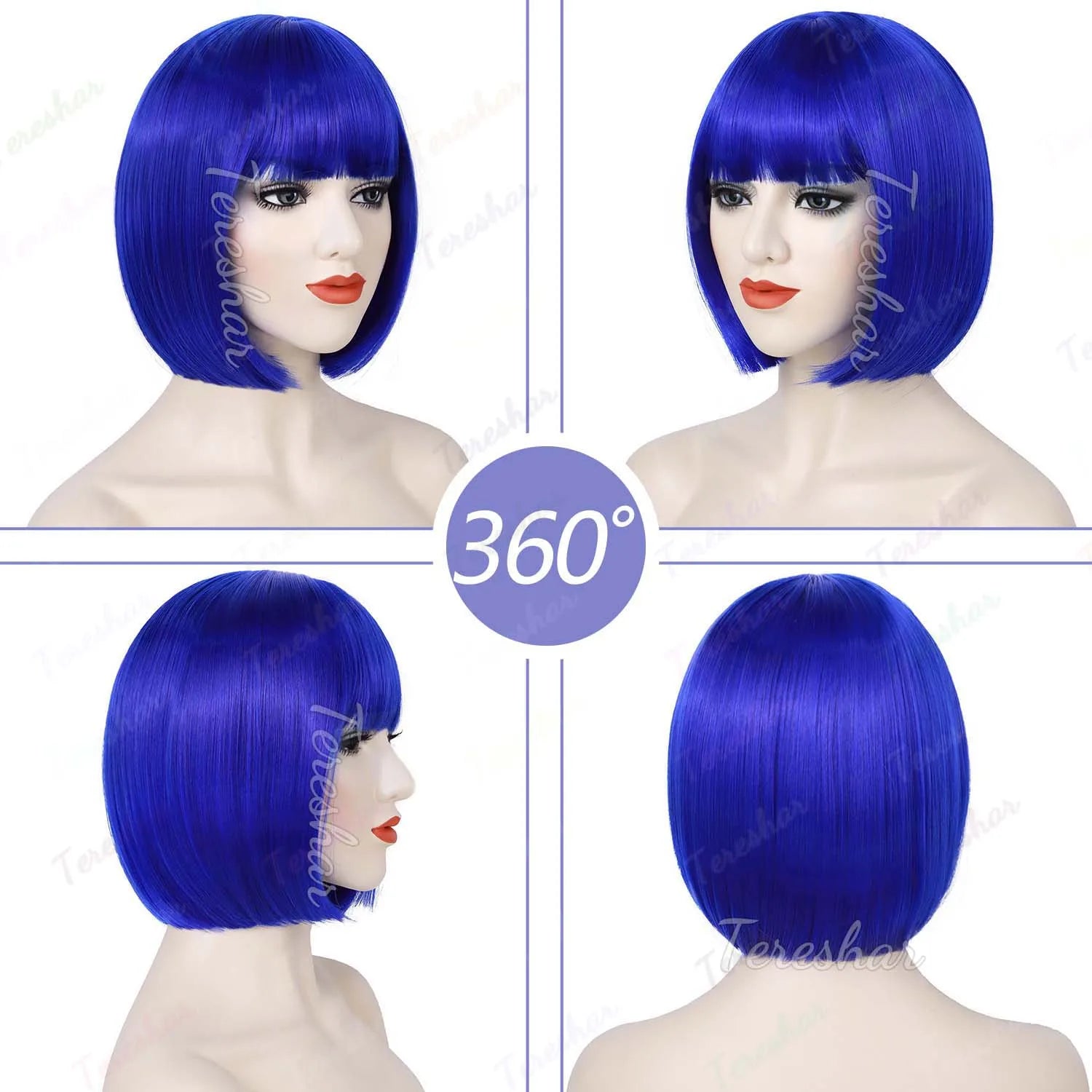 Dark Blue Bob Cosplay Wig Set with Dragonfly Hairpin and Key Necklace - 8