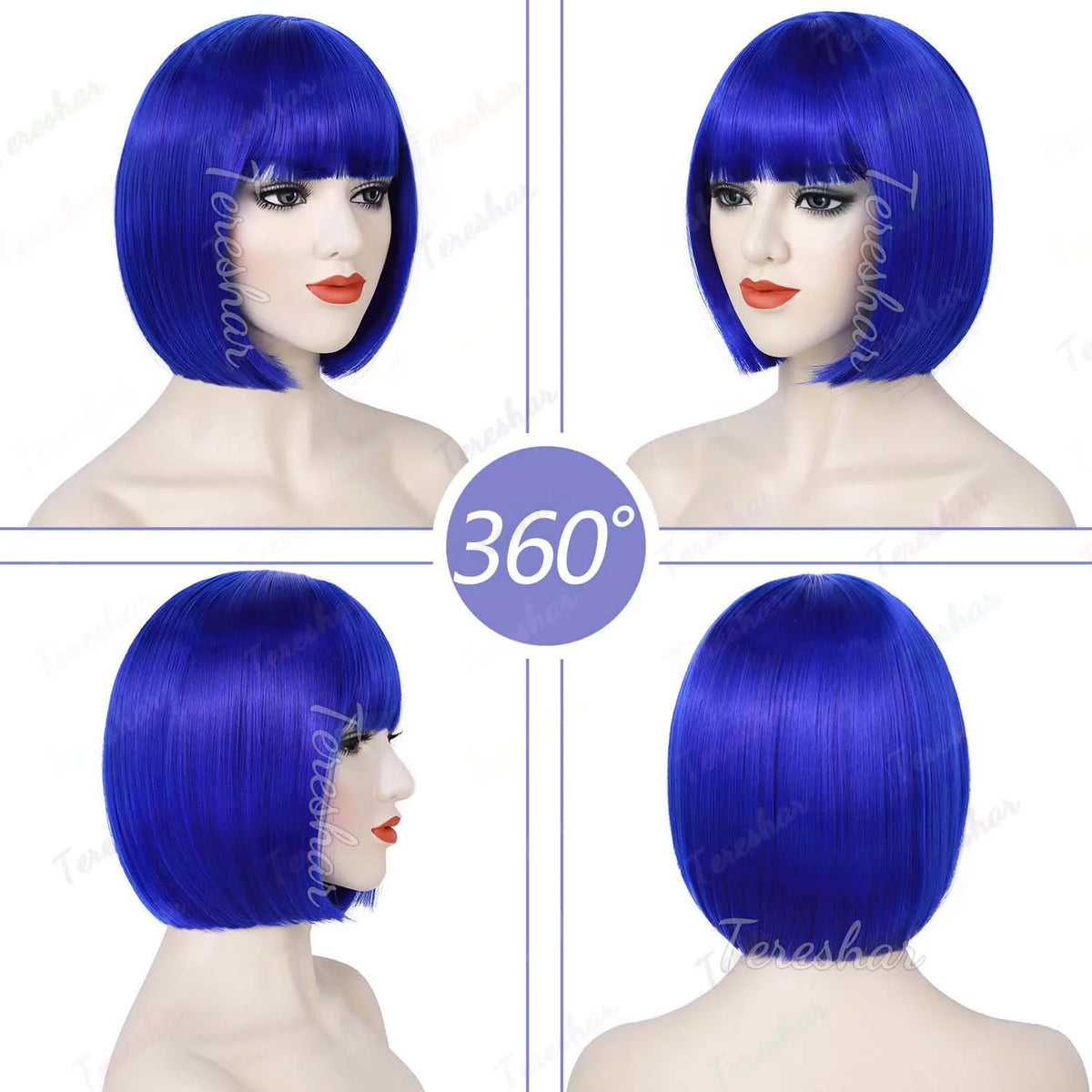 Dark Blue Bob Cosplay Wig Set with Dragonfly Hairpin and Key Necklace