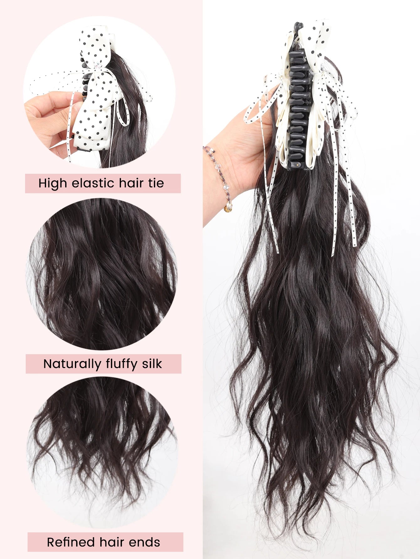 20-Inch Wavy Claw Clip Ponytail with Bow - 4