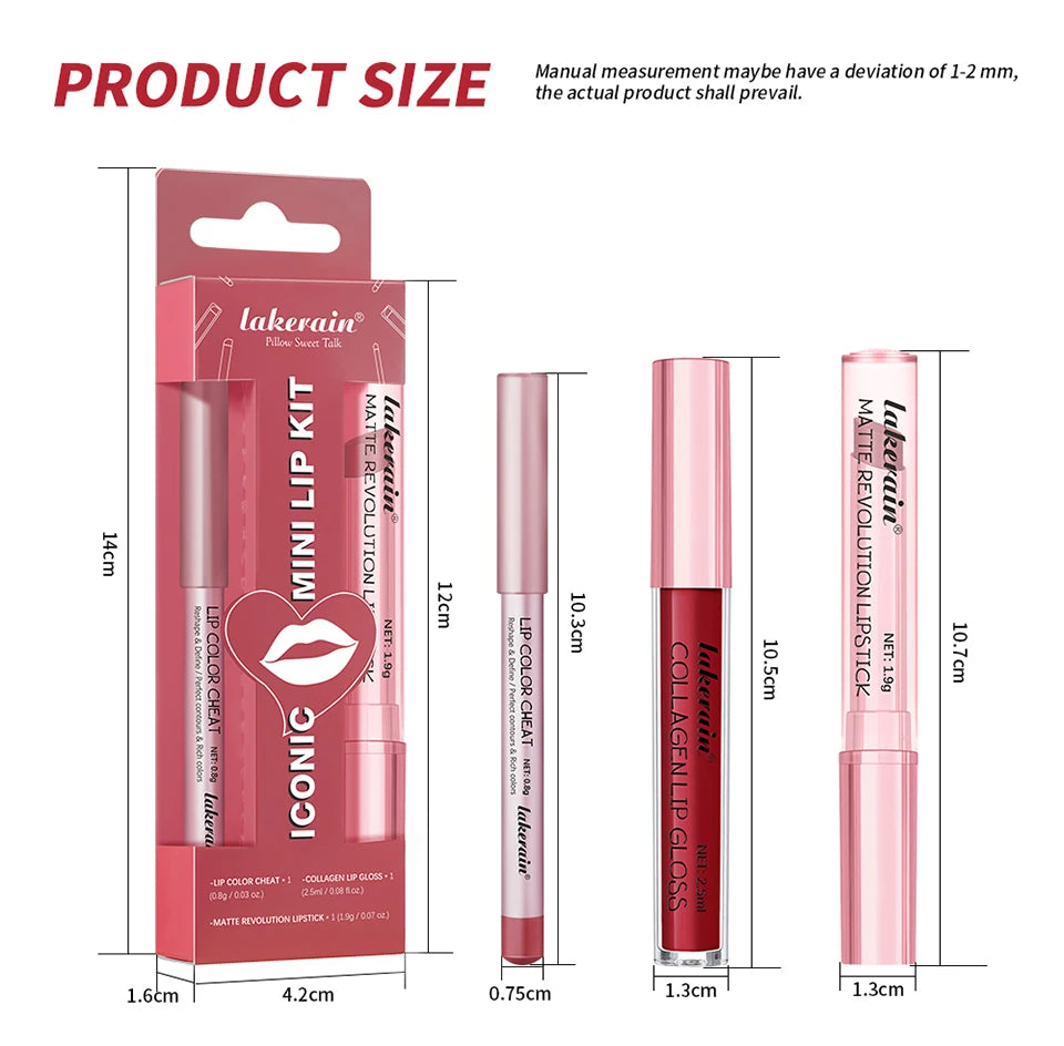 Professional 3-Piece Waterproof Matte Lipstick and Lip Gloss Makeup Set