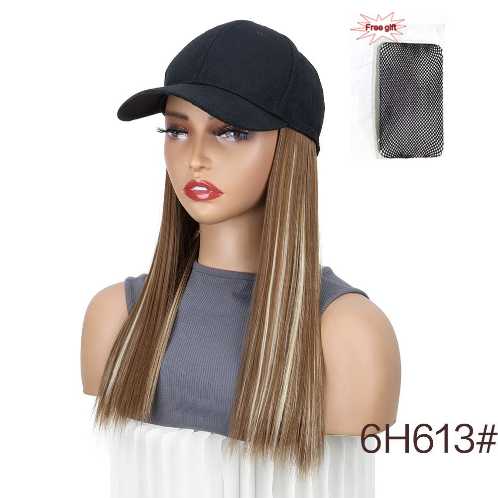 Adjustable Baseball Cap with Attached Long Straight Hair Wig
