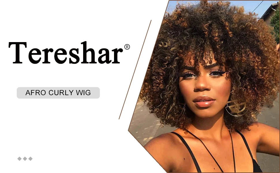 Short Afro Kinky Curly Synthetic Wig with Bangs for Daily Hair Styling