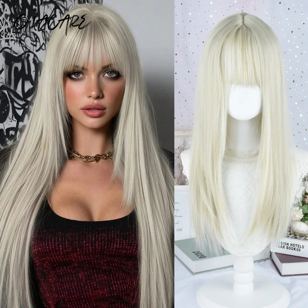24 Inch Long Pink Cosplay Wig with Bangs - 27