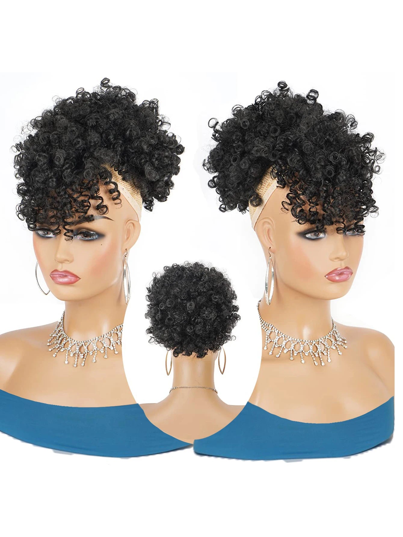 Curly Afro Puff Ponytail Extension with Bangs - 2