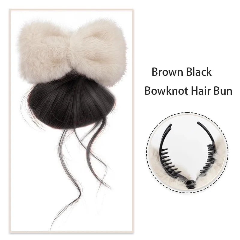 Fluffy Plush Bow Synthetic Hair Bun Extension Clip for Effortless Styling - 8