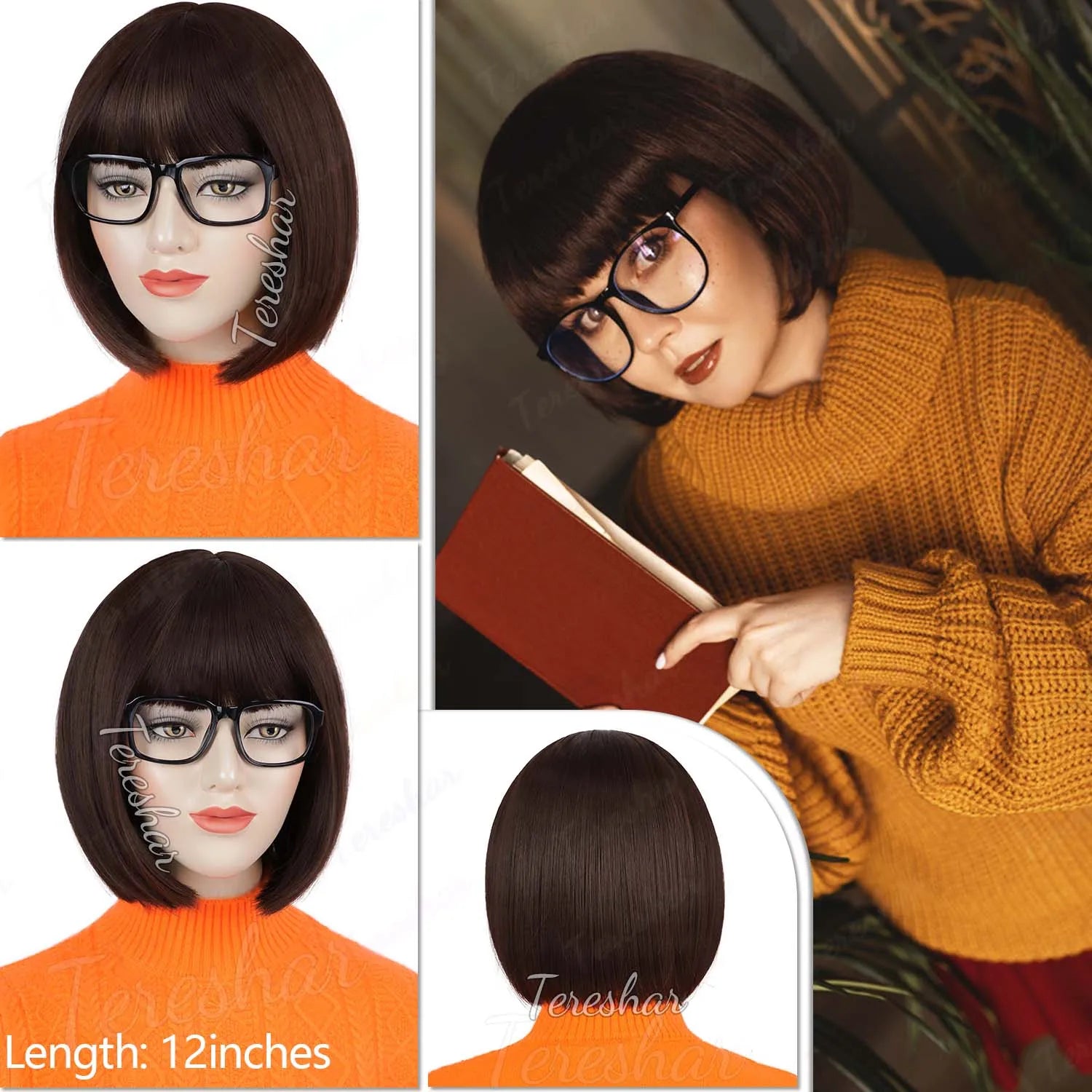 Short Brown Bob Wig with Glasses and Magnifying Glass for Cosplay Parties - 4