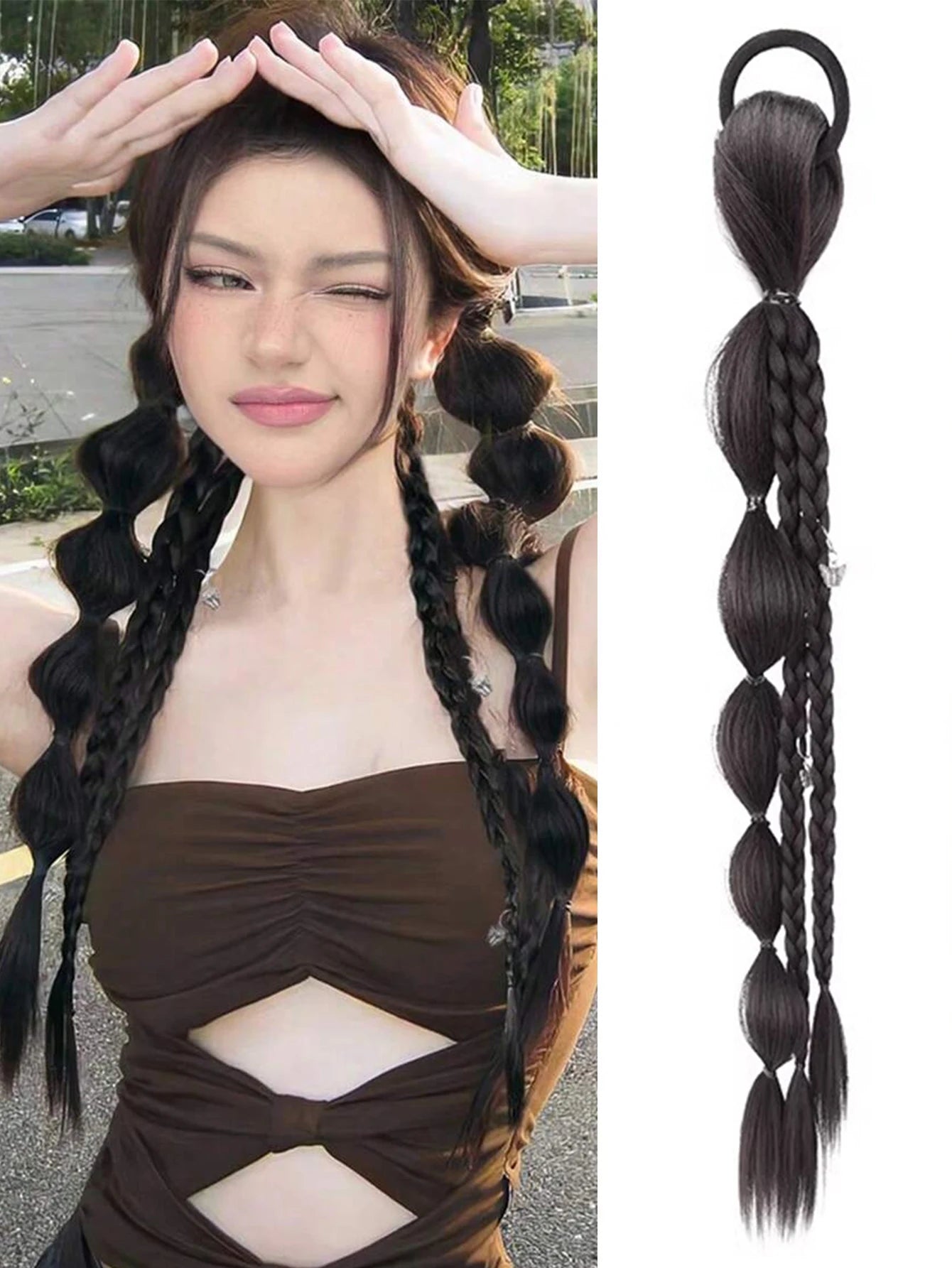 18-Inch Synthetic Bubble Braid Ponytail Extension with Rubber Band - 7