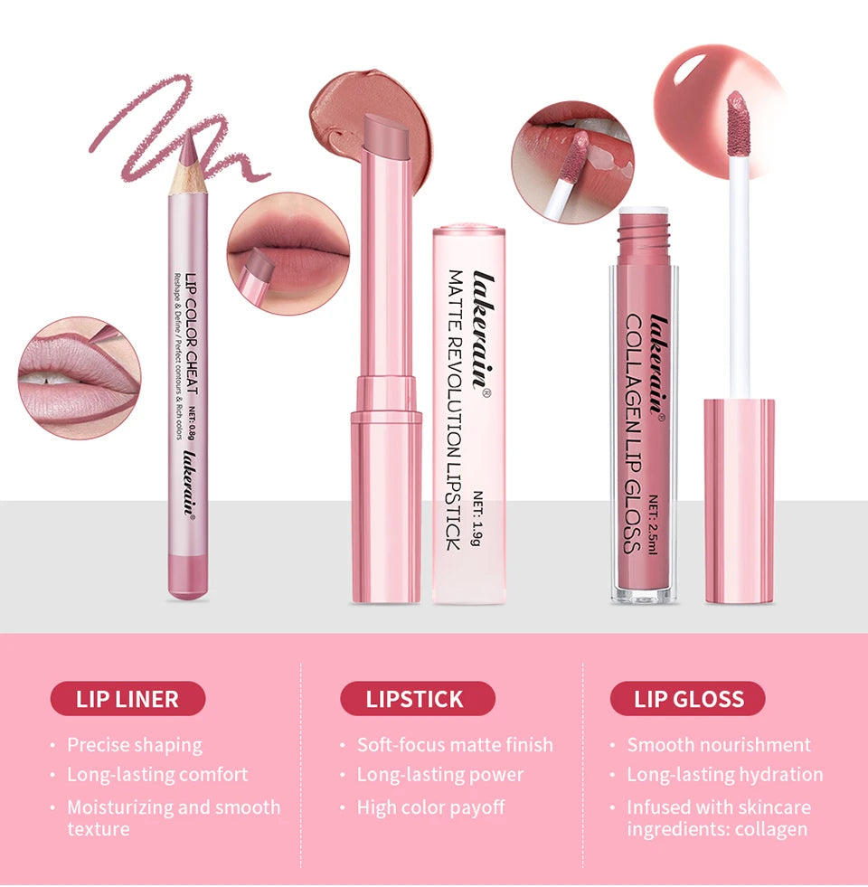 3-Piece Mini Lip Liner, Lipstick and Gloss Set for Perfect Pout
