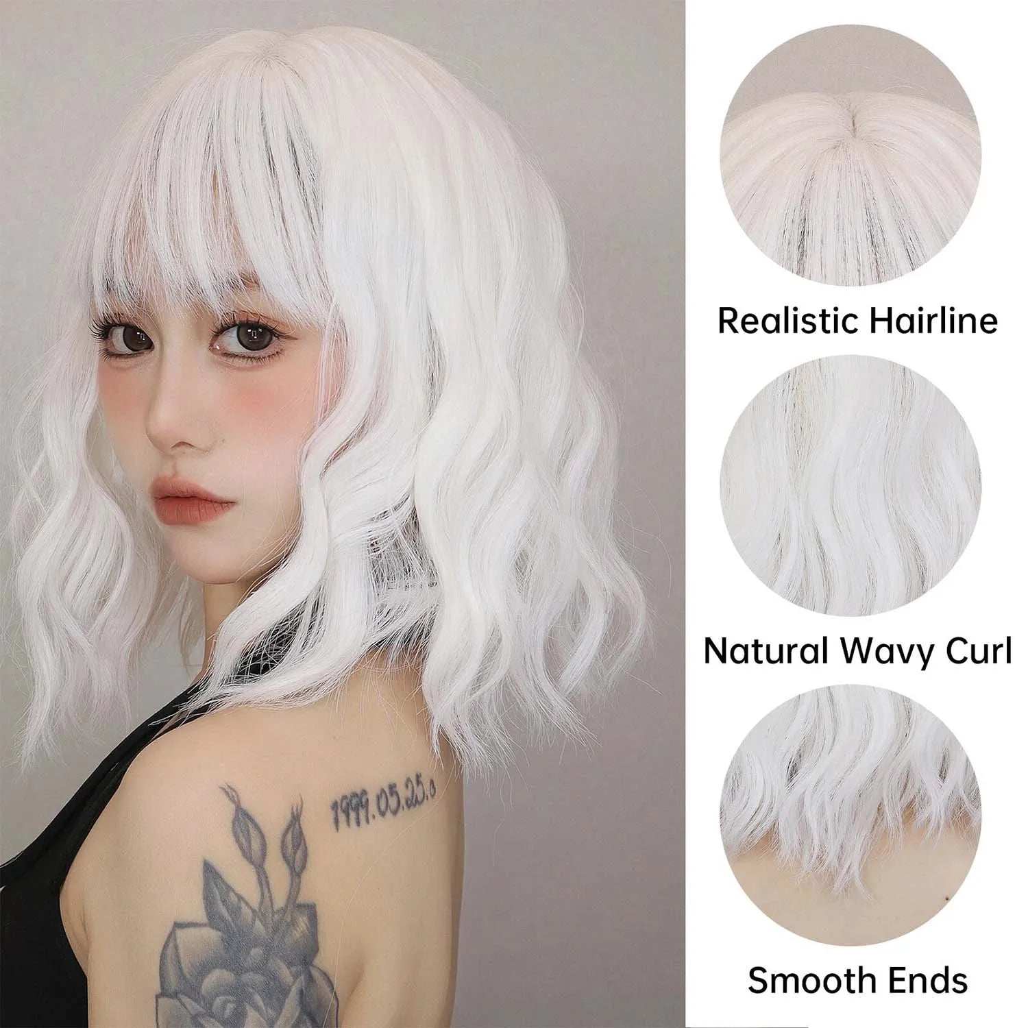 Short Wavy White Wig with Bangs for Cosplay and Daily Wear - 2