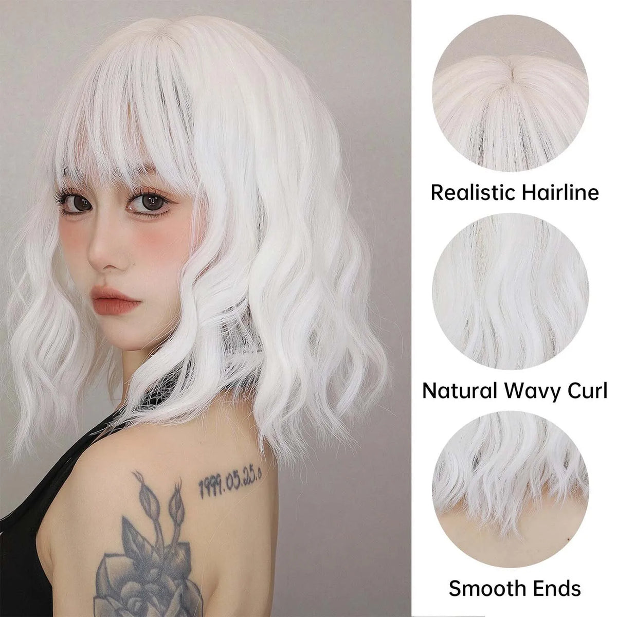 Short Wavy White Wig with Bangs for Cosplay and Daily Wear