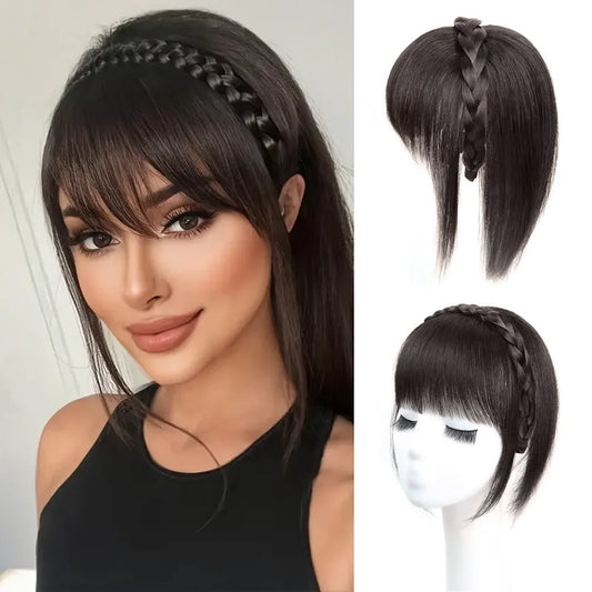 Braided Headband with Clip-In Blunt Bangs for Instant Hair Volume