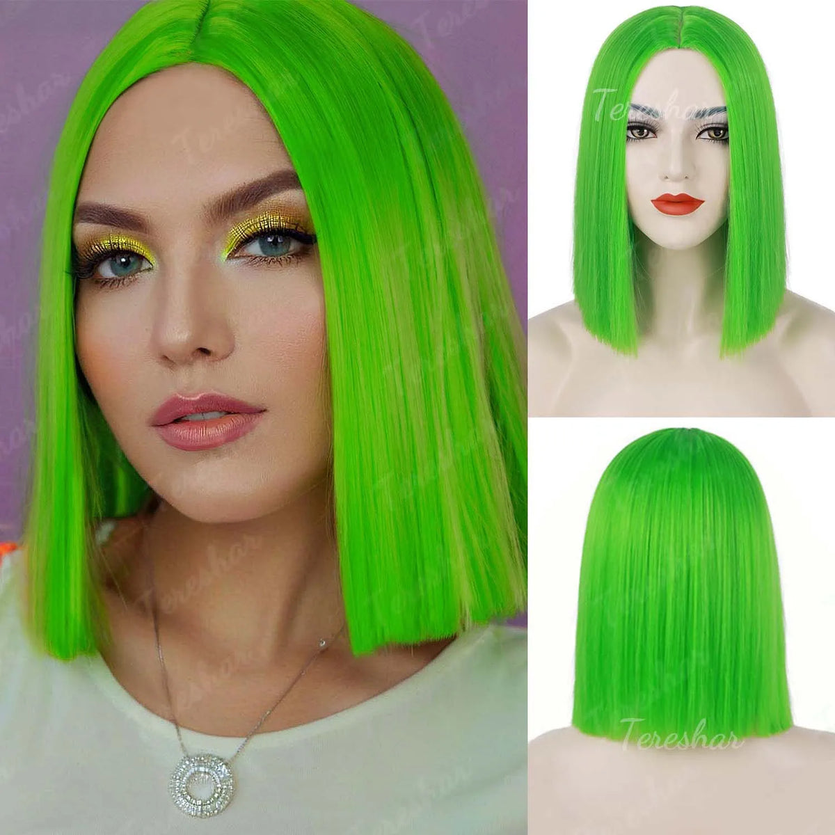 Vibrant Green Synthetic Hair Wig for Costume Parties and Holiday Events