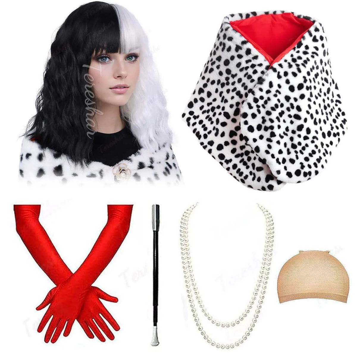 Black and White Wavy Cosplay Wig Set with Dalmatian Shawl and Accessories