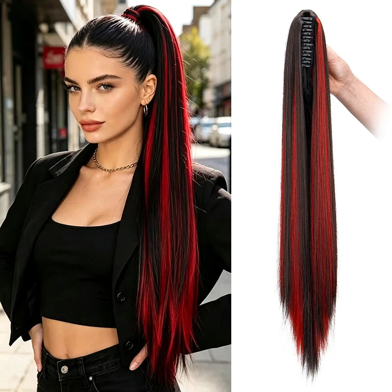 24-Inch Long Straight Highlight Ponytail Claw Clip Extension - 14