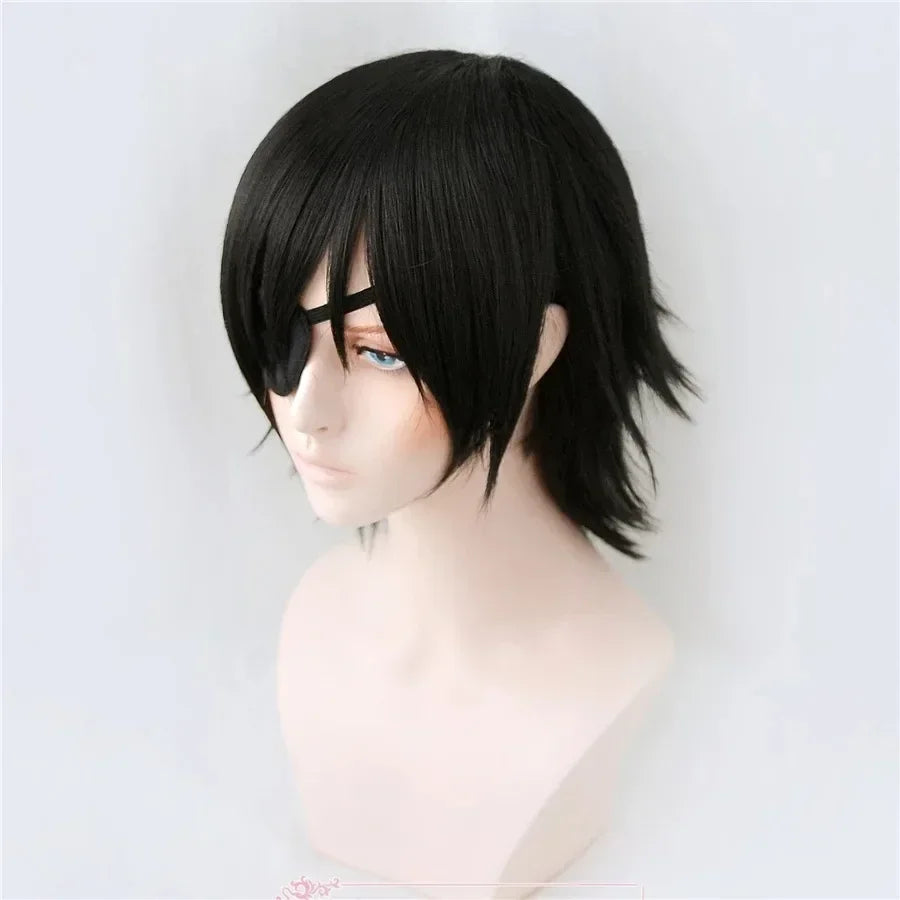 Short Black Anime Character Wig with Eye Patch for Cosplay