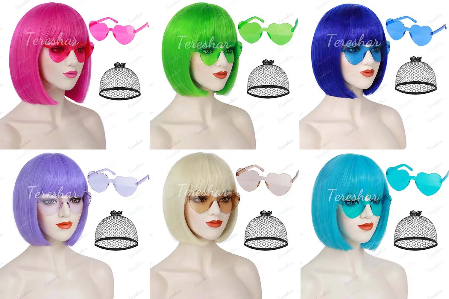 Short Straight Bob Wig with Heart Sunglasses for Parties and Cosplay - 8