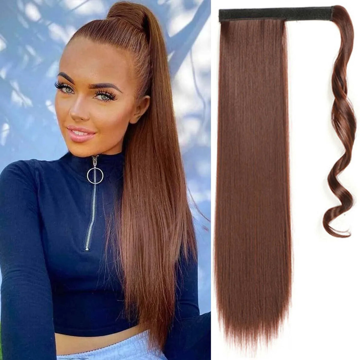 24 Inch Long Straight Wrap Around Ponytail Hair Extension for Women