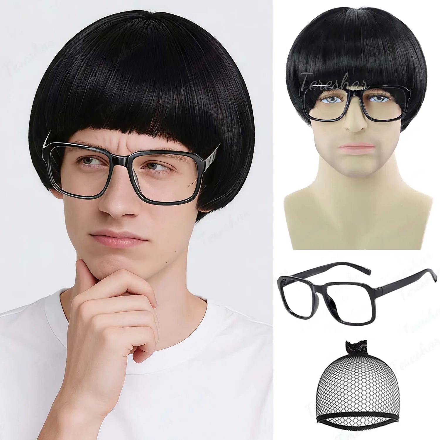 Short Retro Bowl Cut Cosplay Wig with Glasses for Costume Parties - 10