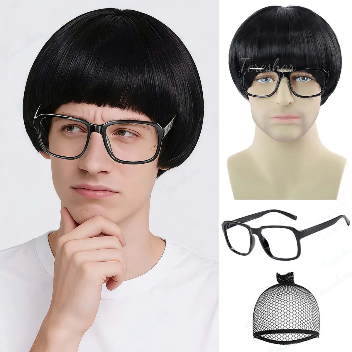 Short Retro Bowl Cut Cosplay Wig with Glasses for Costume Parties