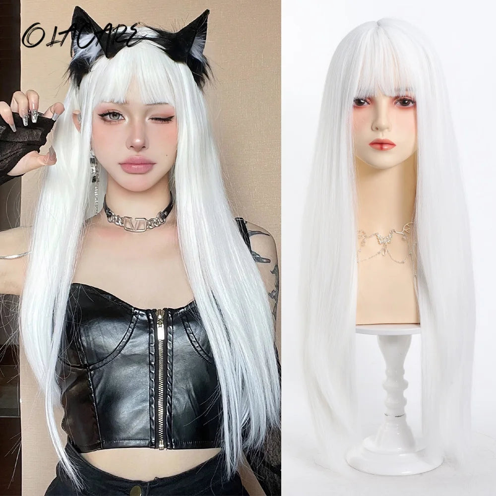 24 Inch Long Pink Cosplay Wig with Bangs - 46