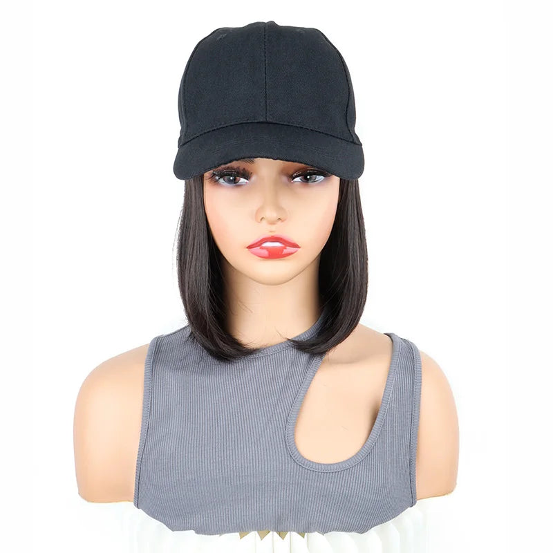 Short Straight Bob Hair Wig with Baseball Cap for Women