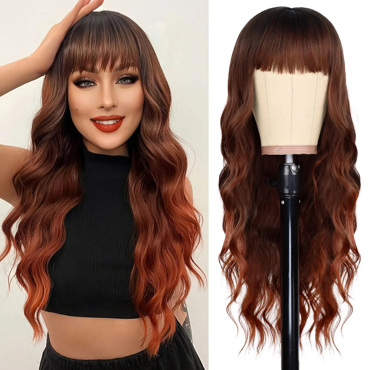 Long Wavy Synthetic Wig with Bangs for Daily Use and Parties