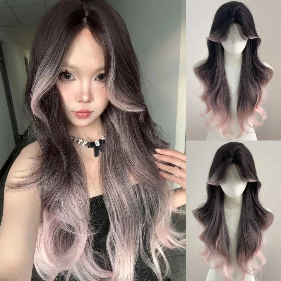 Long Wavy Silver Gray Cosplay Wig with Bangs for Women - 41