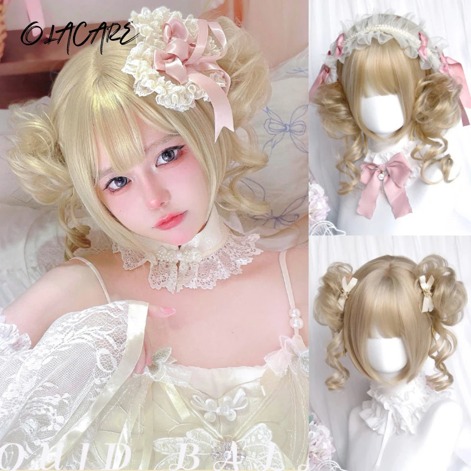Short Blonde Wavy Bob Wig with Ponytails for Cosplay and Lolita Style - 1