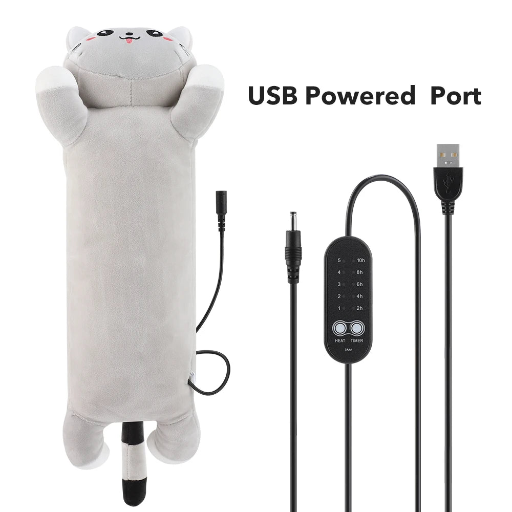 USB Heated Plush Cat Pillow for Menstrual Cramps and Back Pain Relief