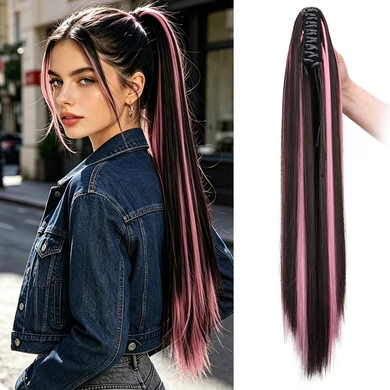 24-Inch Long Straight Highlight Ponytail Claw Clip Extension - 13