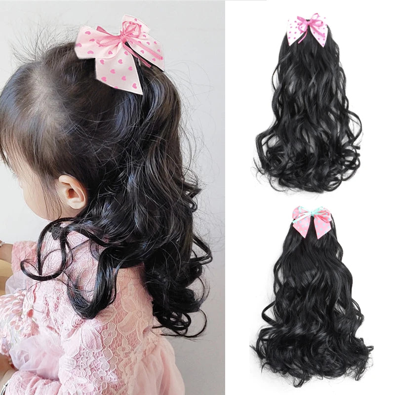 Wavy Curly Ponytail Hair Extension Clip with Bow for Girls