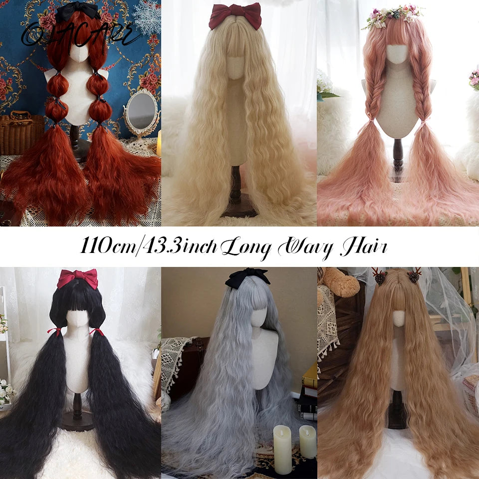 110cm Extra Long Wavy Cosplay Lolita Wig with Bangs