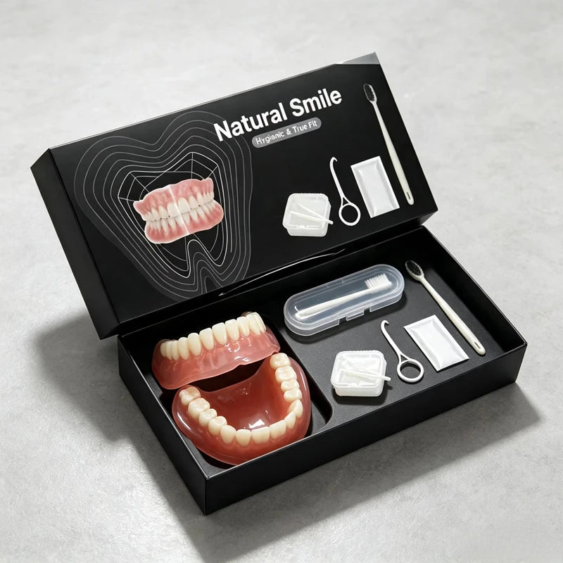 Complete Denture Set with Storage Case and Cleaning Accessories