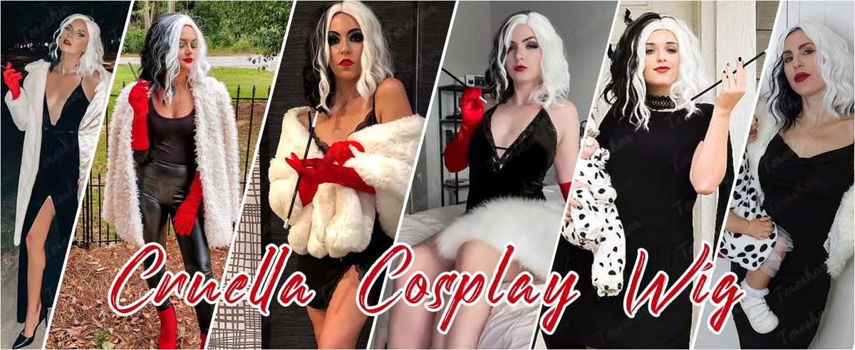 Black and White Wavy Cosplay Wig Set with Dalmatian Shawl and Accessories
