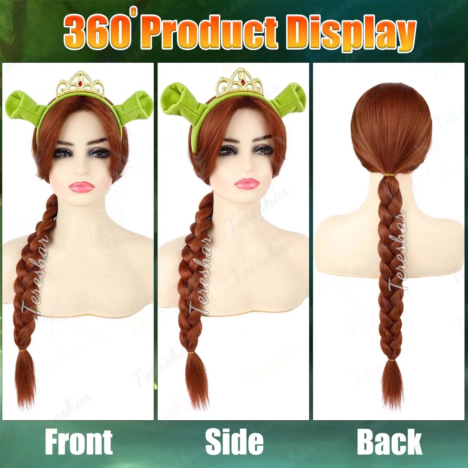 Reddish Brown Braided Costume Wig with Ogre Ears and Princess Crown - 3