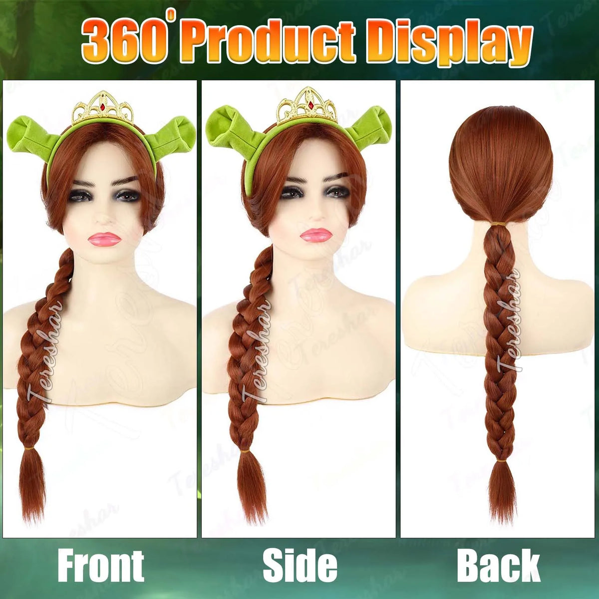 Reddish Brown Braided Costume Wig with Ogre Ears and Princess Crown