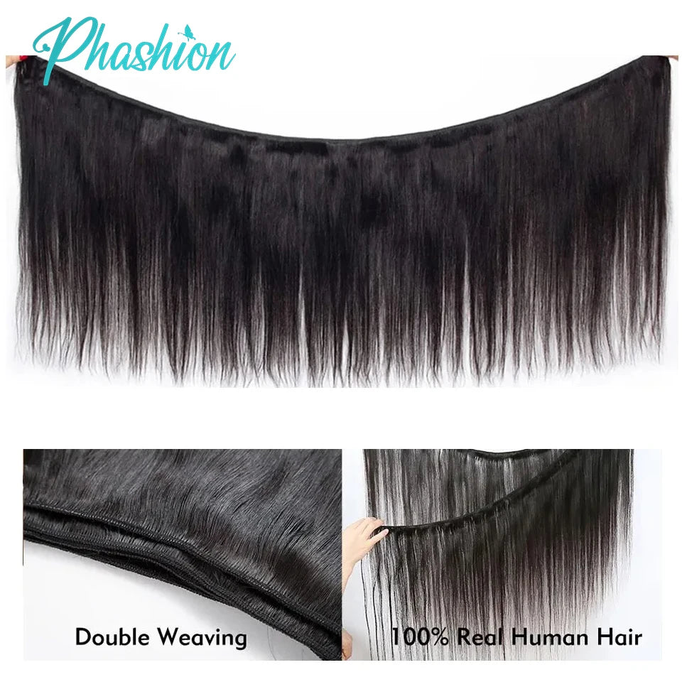 Straight Brazilian Human Hair Bundles with Transparent Lace Closure - 3