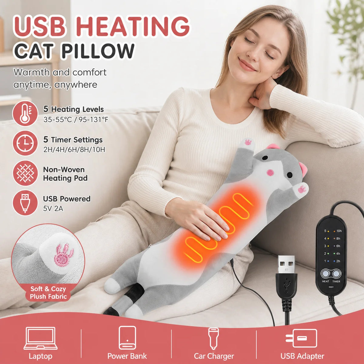 USB Heated Cat Plush Pillow with 5 Heat Settings and Timer for Comfort