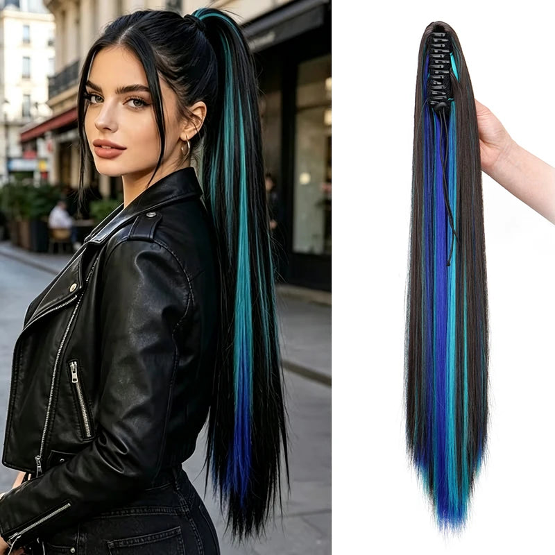 24-Inch Long Straight Highlight Ponytail Claw Clip Extension - 15