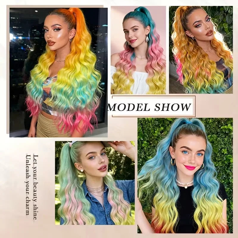 Rainbow Gradient Wavy Ponytail Hair Extension for Instant Volume - 9