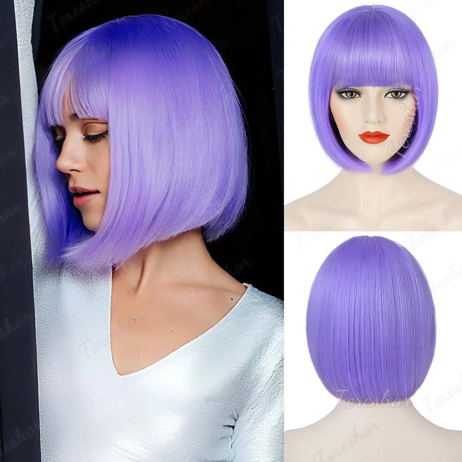 Short Straight Bob Synthetic Wig with Natural Bangs for Daily Wear - 16