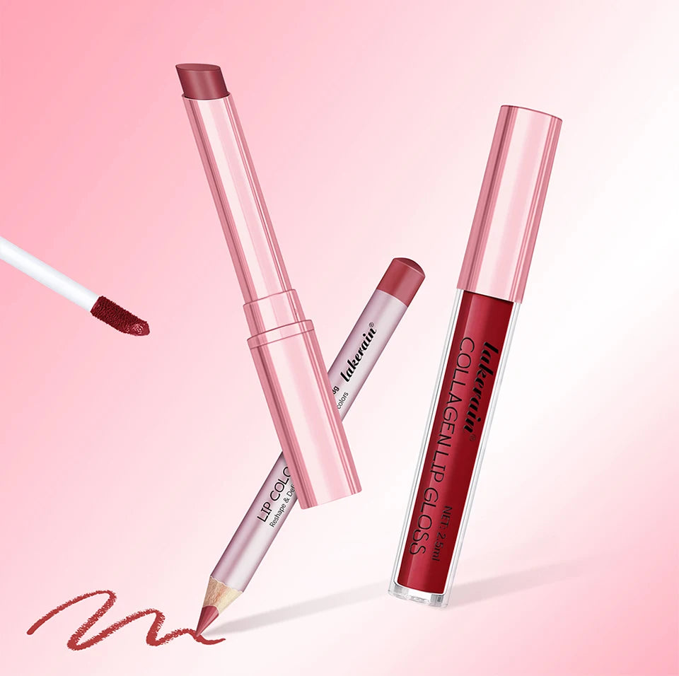 3-Piece Mini Lip Liner, Lipstick and Gloss Set for Perfect Pout