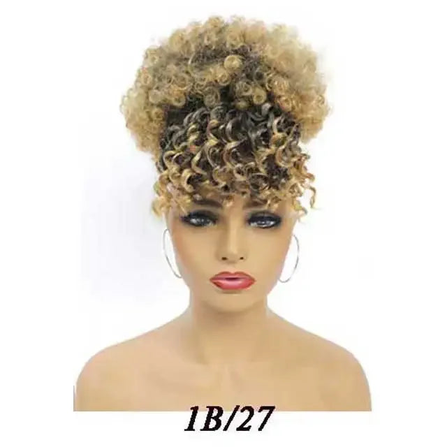 Kinky Curly Afro Puff Drawstring Ponytail with Bangs for Women